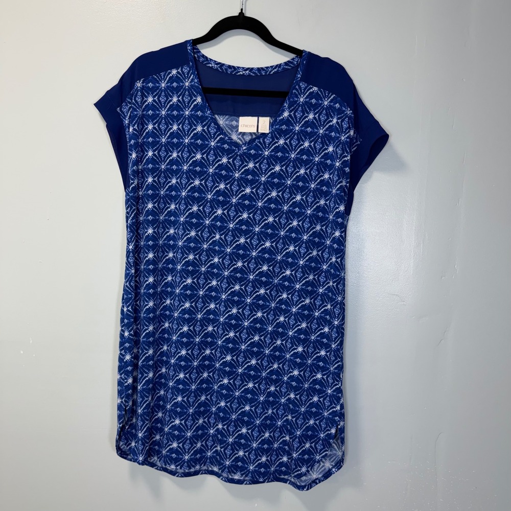 Chicos Womens Blue Geometric Print V-Neck Short Sleeve Tunic Top Size 2 Large